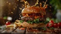 Dynamic exploding hamburger with beer splashing against a rustic backdrop