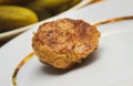 Appetizing handmade roast rissole lies on a white plate