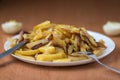 Appetizing home fried potatoes with onions served on a white plate