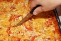 Appetizing home pizza cutting by knife