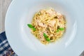 Appetizing homemade carbonara pasta with bacon, cream sauce and basil in a white plate. Close up, top view. Italian spaghetti, Royalty Free Stock Photo