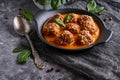 Appetizing homemade meatballs with tomato sauce and spinach in a plate on a dark background Royalty Free Stock Photo