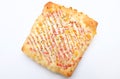 Appetizing Homemade pizza bread with ketchup, mayonnaise, boiled corn sausage and c isolate on a white backdrop Royalty Free Stock Photo