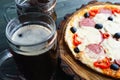 Appetizing homemade pizza with salami, mozzarella and olives and Royalty Free Stock Photo