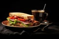 Appetizing Hot coffee mug with sandwich. Fast food