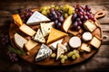 An appetizing image of a gourmet cheese platter with a variety of artisanal cheeses, grapes, and crusty bread