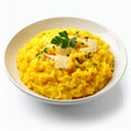 Golden saffron risotto dish adorned with cheese and parsley sprigs on white background Royalty Free Stock Photo