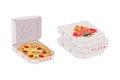 Appetizing Italian Pizza in Cardboard Box as Round Hot Dough Topped with Salami and Mushroom Vector Set