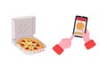 Appetizing Italian Pizza in Cardboard Box and Hand with Smartphone Making Order in Online App Vector Set