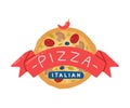 Appetizing Italian Pizza Label or Emblem with Ribbon and Inscription Vector Illustration