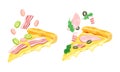 Appetizing Italian Pizza Slices with Melting Cheese as Hot Dough Topped with Bacon and Wurst Vector Set