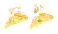 Appetizing Italian Pizza Slices with Melting Cheese as Hot Dough Topped with Shrimp and Wurst Vector Set