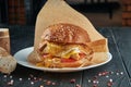 Appetizing and juicy burger with fried egg, chicken steak, melted cheddar cheese and tomatoes on a white plate with french fries. Royalty Free Stock Photo