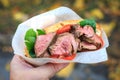 Appetizing, juicy and delicious roast beef, street fast food Royalty Free Stock Photo