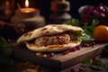 Appetizing kebab in pita bread with vegetables and herbs. Generative AI.