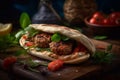 Appetizing kebab in pita bread with vegetables and herbs. Generative AI.