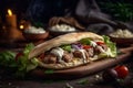 Appetizing kebab in pita bread with vegetables and herbs. Generative AI.