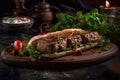 Appetizing kebab in pita bread with vegetables and herbs. Generative AI.