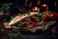 Appetizing kebab in pita bread with vegetables and herbs. Generative AI.