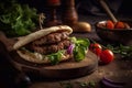 Appetizing kebab in pita bread with vegetables and herbs. Generative AI.