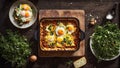 Appetizing lasagna with egg mediterranean rustic an gastronomy background traditional gourmet