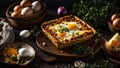 Appetizing lasagna with egg mediterranean rustic lunch gastronomy background traditional gourmet