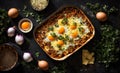 Appetizing lasagna with egg mediterranean rustic cooked gastronomy background traditional gourmet