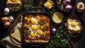 Appetizing lasagna with egg mediterranean rustic cuisine melted background traditional gourmet