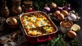 Appetizing lasagna with egg mediterranean rustic lunch melted background traditional gourmet