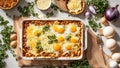 Appetizing lasagna with egg mediterranean rustic meal gastronomy background traditional gourmet