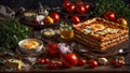 Appetizing lasagna with tomatoes, egg mediterranean dinner an gastronomy background traditional gourmet