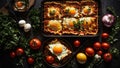 Appetizing lasagna with tomatoes, egg mediterranean rustic an gastronomy background traditional gourmet