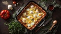 Appetizing lasagna with tomatoes, egg nutrition dinner an gastronomy background traditional gourmet