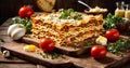 Appetizing lasagna with tomatoes, herbs dinner an gastronomy background traditional gourmet