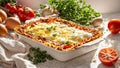 Appetizing lasagna tomatoes, herbs on an old background traditional