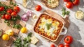 Appetizing lasagna with tomatoes, herbs on an old background traditional gourmet