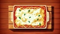 Appetizing lasagna on a wooden background, generative AI.