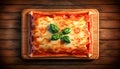 Appetizing lasagna on a wooden background, generative AI.