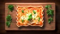 Appetizing lasagna on a wooden background, generative AI.