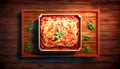 Appetizing lasagna on a wooden background, generative AI.