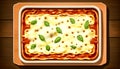 Appetizing lasagna on a wooden background, generative AI.