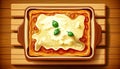 Appetizing lasagna on a wooden background, generative AI.