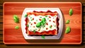 Appetizing lasagna on a wooden background, generative AI.