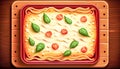 Appetizing lasagna on a wooden background, generative AI.