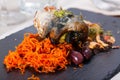 Appetizing mackerel roll with carrots and lard