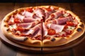 appetizing meat pizza with succulent, juicy ham on wooden cutting board. Italian traditional food