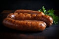 Appetizing meat sausages. AI Generated