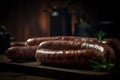 Appetizing meat sausages. AI Generated