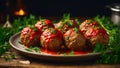 Delicious appetizing meatballs tomato sauce on the table organic cooking preparation