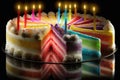 appetizing multi-colored confection with candles for festive birthday party